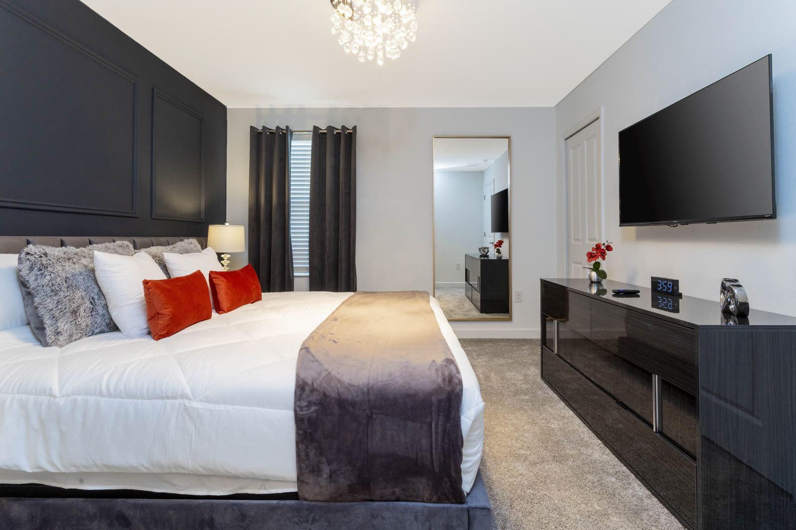 Charcoal king bedroom at The Incredibles villa